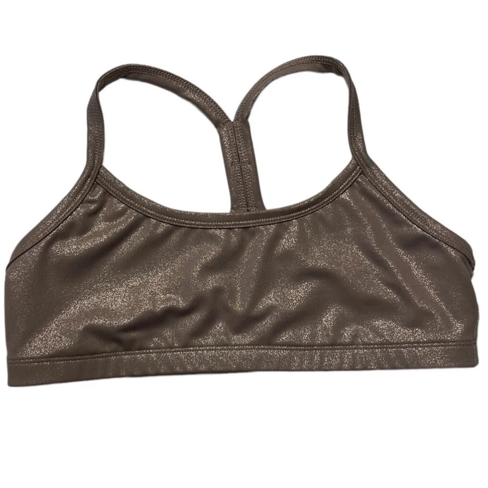 NWT Beyond Yoga Twinkle Slim Racerback Sports Bra in Mocha Rose Gold, medium.